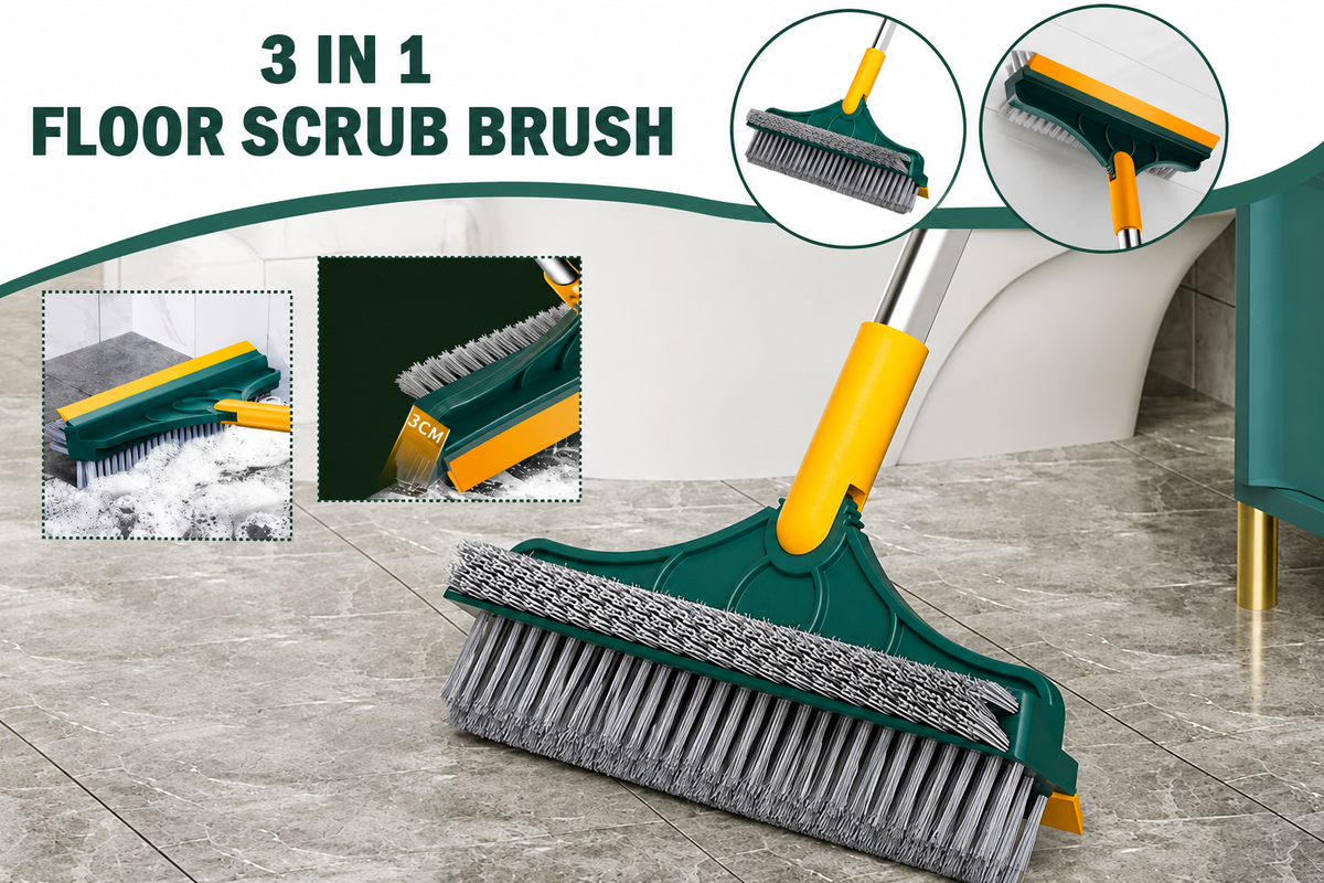 3-in-1 Floor Scrub Brush with Squeegee – Long Handle Cleaning Brush