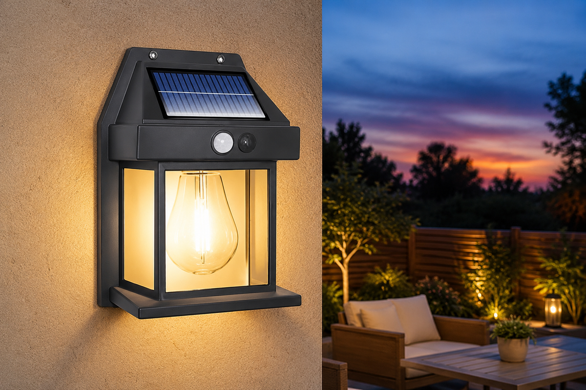 Solar Powered Outdoor Wall Lantern with Motion Sensor & Warm LED Light